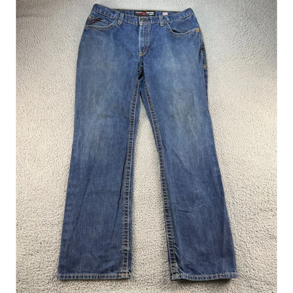 Ariat FR M4 Boot Cut Jeans Mens 36x34 Blue Low Rise Distressed Denim Work Pant